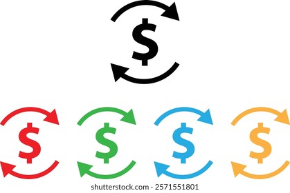 Colorful dollar transfer icon set in different colors . Money transfer icon . Dollar exchange icon vector