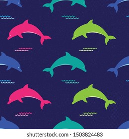 Colorful Dolphin Seamless Pattern With Grunge Background