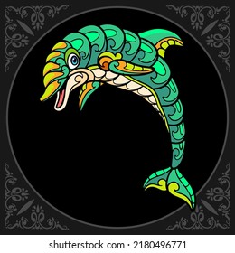 Colorful dolphin zentangle arts isolated on black background