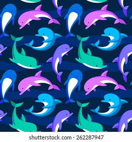 Colorful dolphins playing in the dark water. Vector seamless pattern.