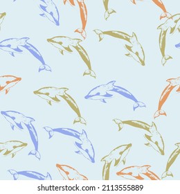 Colorful dolphins playing in the waves. Vector seamless pattern. Hand painted watercolor pattern with stylized blue dolphin. 