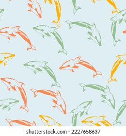 Colorful dolphins playing in the waves. Vector seamless pattern. Childish animals in cartoon style.