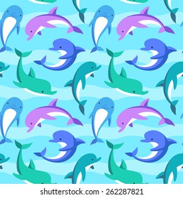 Colorful dolphins playing in the waves. Vector seamless pattern.