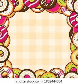 Colorful donut background with copy space for text in the center. Template wallpaper for banner design about doughnut. Backdrop about food, dessert, or bakery. Trendy cute cartoon vector illustration.