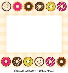 Colorful donut background with copy space for text in the center. Template wallpaper for banner design about doughnut. Backdrop about food, dessert, or bakery. Trendy cute cartoon vector illustration.