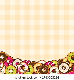 Farbiger Donut-Hintergrund mit Kopienraum für Text. Quadratisches Vorlagenhintergrund für das Bannerdesign von Donmutter. Hintergrund über Essen, Nachtisch oder Bäckerei. Trendy süße Cartoon Vektorgrafik.