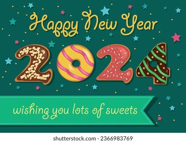 A colorful donut banner celebrating the new year. The number 2024 is made up of donuts with cream and nuts decor. The background is green with stars and confetti. The banner is perfect for custom text