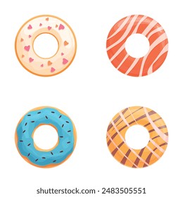 Colorful donut icons set cartoon vector. Fresh glazed sweet donut. Dessert, sweet food