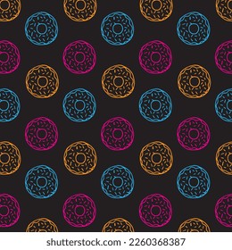 colorful donut illustration pattern on black