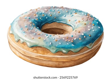 Colorful donut illustration, watercolor style, sweet dessert imagery, vibrant sprinkles, food art, bakery design.