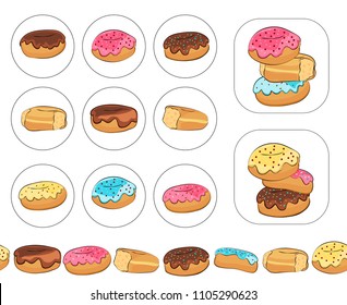 Colorful donut labels. Chocolate donuts dripping with glaze and different toppings. Round and square templates and seamless brush pattern for design.