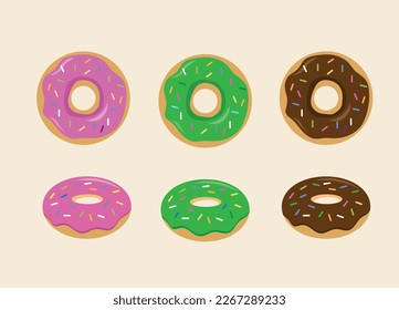 Colorful donut with pink, chocolate, green glazed set on white background. The view from the top and from the side. Vector illustration