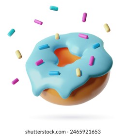 Colorful donut with sprinkles 3d realistic vector illustration. Cute bakery icon with blue icing. Three dimensional food illustration isolated on white background. 