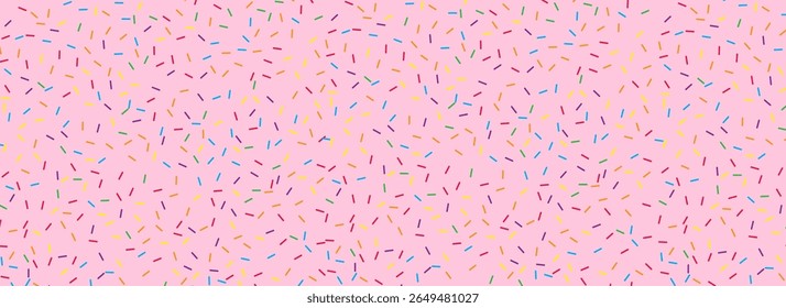 Colorful donut sprinkles seamless pattern. Strawberry candy cream background. Cake glaze icing overlay for decorative banner, poster, template. Cupcake or ice cream topping texture. Vector wallpaper
