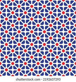 Colorful donut and square pattern on blue background. Linked diagonal line on square and circle shape. White lattice and red dot pattern on blue background.