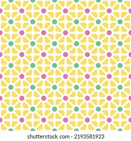 Colorful donut and square pattern on yellow background. Linked diagonal line on square and circle shape. White line with green and pink dot pattern on yellow background.
