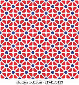 Colorful donut and square pattern on red background. Linked diagonal line on square and circle shape. White lattice and blue dot pattern on red background.