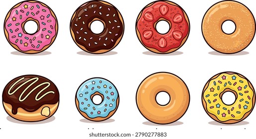Colorful donut vector illustration set with glazed, chocolate, strawberry, sprinkle, and plain donuts for bakery menus and dessert apps