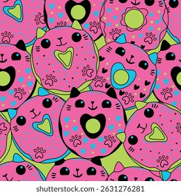 Colorful donuts cat seamless pattern. Donut cat unicorn illustration on repeat ornament with dots. Happy birthday wrapping paper.