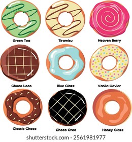 Colorful donuts with creative topping designs. Perfect for food,cafe, or culinary themed design projects