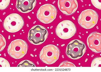 Coloridos donuts interminables sin costura, aislados en un fondo de caramelos rosados. Ilustración de acuarela.