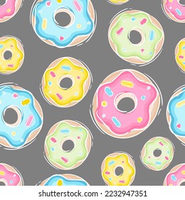 Colorful donuts endless seamless pattern, isolated on grey sweets background. Watercolor illustration.