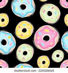 Farbige Donuts endloses, nahtloses Muster, einzeln auf schwarzem Hintergrund. Aquarell-Illustration.