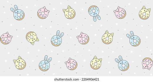 Colorful donuts in the form of cute animals on a gray background with small stars and dots. Endless texture with kawaii dessert characters. Vector seamless pattern for cover, surface texture and print