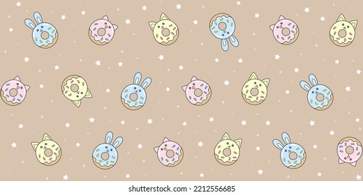 Colorful donuts in the form of cute animals on a beige background with small stars and dots. Endless texture with kawaii dessert characters. Vector seamless pattern for surface texture, wrapping paper