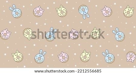 Colorful donuts in the form of cute animals on a beige background with small stars and dots. Endless texture with kawaii dessert characters. Vector seamless pattern for surface texture, wrapping paper