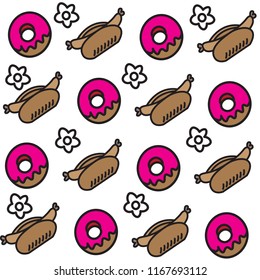 colorful donuts and hotdog doodle illustration pattern with flower on white background