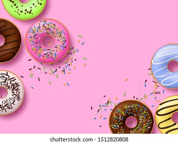 Colorful donuts with icing on pink background. Top view with copy space, realistic style. Vector illustration.