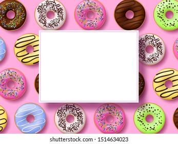 Colorful donuts with icing on pink background. Top view with copy space, realistic style. Vector illustration.