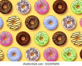 Colorful donuts with icing on yellow background. Top view, realistic style. Vector illustration.