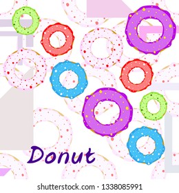 Colorful donuts in the icing, top view. menu design, cafe decoration, delivery boxes. Vector illustration.