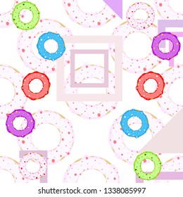 Colorful donuts in the icing, top view. menu design, cafe decoration, delivery boxes. Vector illustration.