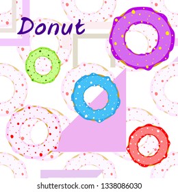 Colorful donuts in the icing, top view. menu design, cafe decoration, delivery boxes. Vector illustration.