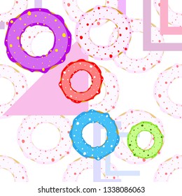 Colorful donuts in the icing, top view. menu design, cafe decoration, delivery boxes. Vector illustration.