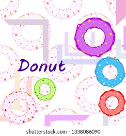 Colorful donuts in the icing, top view. menu design, cafe decoration, delivery boxes. Vector illustration.