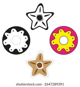 Ícone de rosquinhas coloridas. Vetor de biscoito de pastelaria. Forma arredondada de estrela. Topping vitrificado superior.