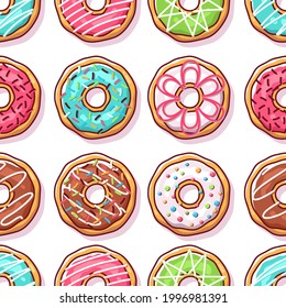 Colorful donuts illustration seamless pattern background. , Cute bakery vector or illustration