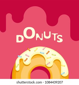 colorful donuts isolated on pink pastel background. Top View Donut in bright glaze for postcards, menu design, cafe decoration, delivery box. bright food card. vector Doughnut illustration