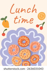 Colorful Donuts on Plate with Lemon and Cherry. Hand drawn sweet pastry snack illustration. Vector flat style in pastel palette. For lunch menu, greeting card, banner.