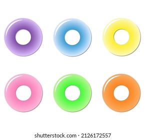 Colorful donuts on white background as vector illustration. Purple, blue, yellow, pink, green, and yellow pastel color of donut.