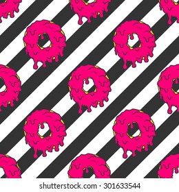 Colorful donuts pattern on a striped background in pop art style 