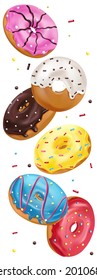 Colorful donuts with pink, chocolate, blue, yellow and white icing and sprinkles. Falling glazed sweet buns on white background. Realistic icon. Vector illustration