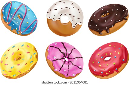 Colorful donuts with pink, chocolate, blue, yellow and white icing and sprinkles. Sweet donuts on white background. Realistic icon. Vector illustration.