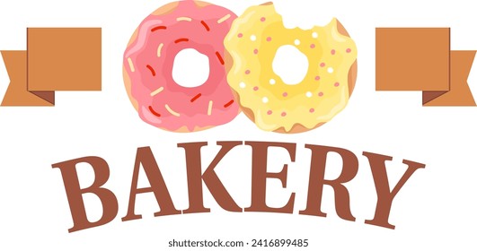 Colorful donuts with pink and yellow icing. Sweet pastries and bakery logo concept. Delicious doughnuts, creative bakery branding vector illustration.