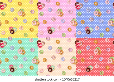 Colorful donuts seamless pattern. Cartoon cute style.