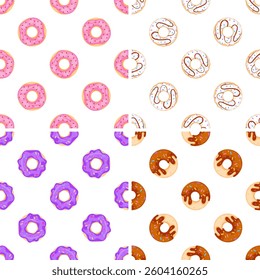 Colorful donuts seamless pattern showing pink, purple, white and chocolate icing and sprinkles